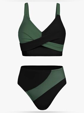 NWT-Small Olive & Black Halter Twist Bikini Set full coverage adjustable back